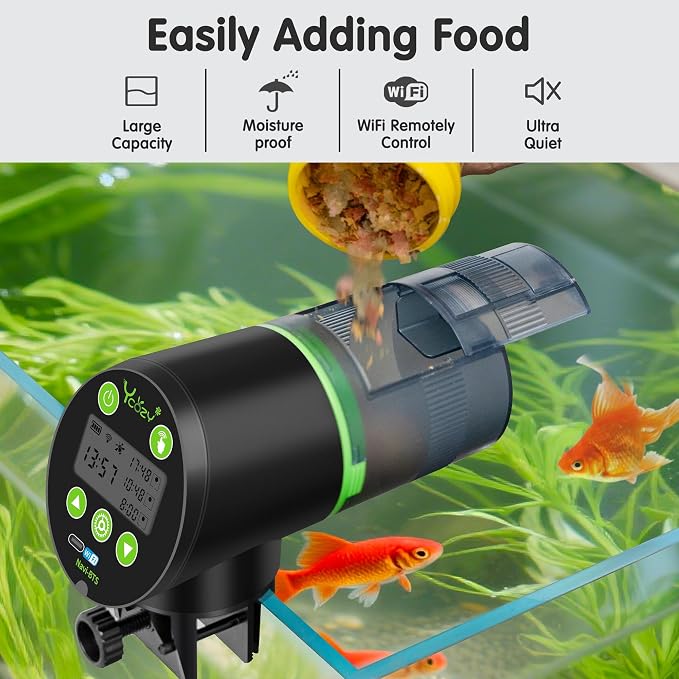 Ycozy WiFi Automatic Fish Feeder for Aquarium with Remote APP Control, Plug Powered, with Plug & USB-C Cable Vacation Auto Fish Food Dispenser for Small Tank/Betta/Turtle