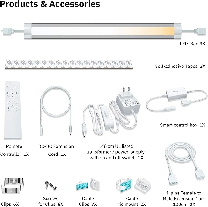 Under Cabinet LED Lighting, 3 PCS LED Strip Lights with Remote Control Dimmer and Adapter, Dimmable for Kitchen Cabinet,Counter,Shelf,Workbench, Pantry, Color Temperature Adjustable (3 Bars Kit)