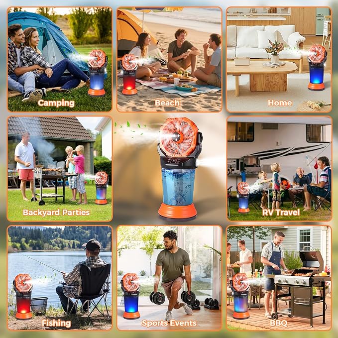 Fotgear Portable Misting Fan - 2026 New Mist Fan with 3 Spray Nozzles, 2 Spray Modes & 2L Water Tank, 20000mAh Battery & Remote, 120° Auto Oscillating, RGB Lights & Flashlight for Camping Patio Beach