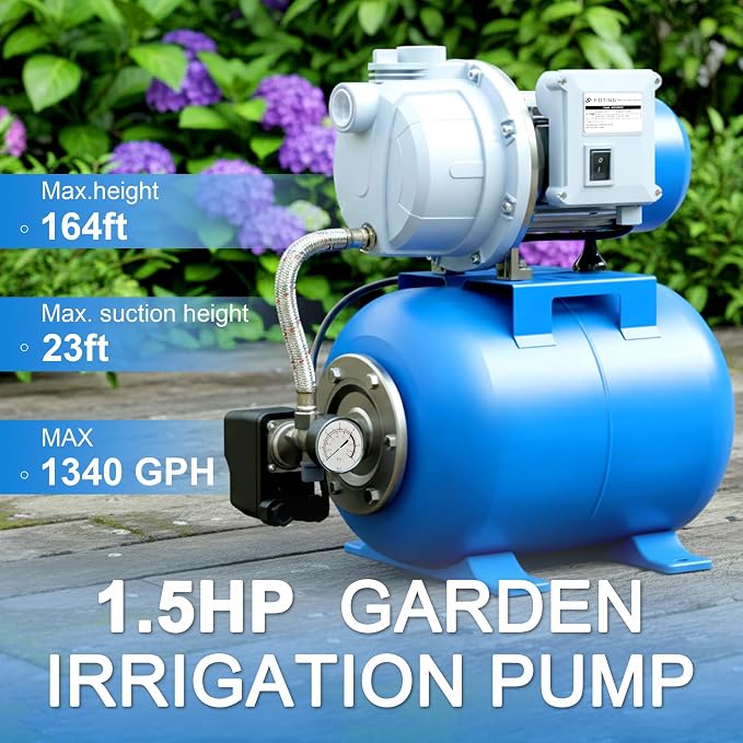 FOTING 1.5HP Shallow Well Pump w/Pressure Tank, 1340GPH Jet Pumps Garden Pump, Water Transfer Draining Irrigation Pumps, Water Booster Jet Pump Stainless Steel for Home Garden Lawn Farm, Blue