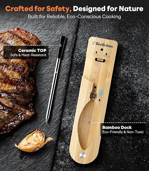 Beelicious Pro Wireless Meat Thermometer–Stable Bluetooth Smart Probe with ±1.8℉ Accuracy, 0.5s Fast Response & Long-Lasting Battery, IP67 Waterproof, App Controlled for Grill, Oven, Air Fryer
