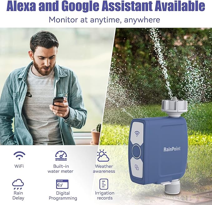 RAINPOINT WiFi Water Timer, Smart Hose Timer with Water Usage-Based and Soil Moisture-Based Watering System, Sprinkler Controller with Wi-Fi Weather Station Hub for Garden Irrigation