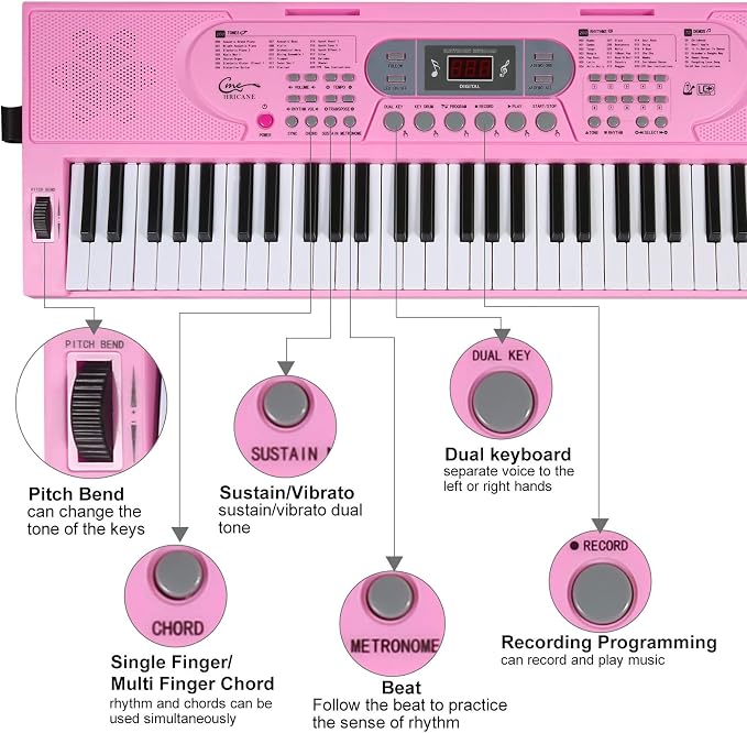 Keyboard Piano Lighted Keys for Beginner Adults Teens Kids, 61 Key Electronic Music Keyboard with Teaching Modes Powered by USB or Battery with LCD Display Microphone Headphone Jack