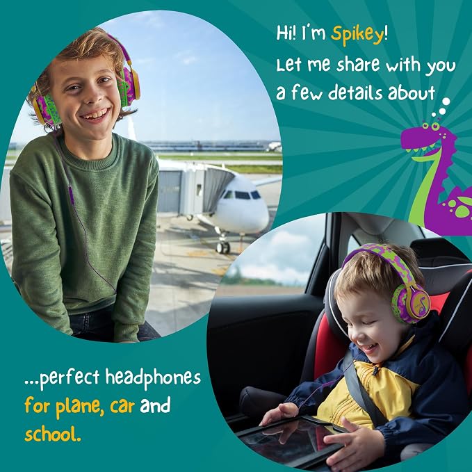 Kidrox® Dinosaur Headphones for Kids Wired with Microphone, Made to Last Durable and Flexible, Volume Limited 85/94db Kid Safe for Kids All Ages, Boys & Girls. Perfect for School or Travel. 3.5 Jack