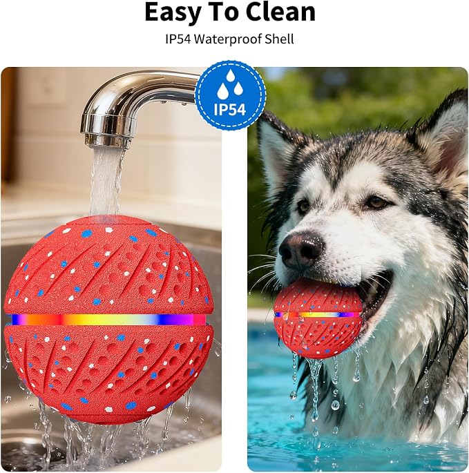 Interactive Automatic Dog Ball, Self-Moving Rolling Toy for Dogs, Chew Resistant E-TPU Material, IPX7 Waterproof, USB-C Rechargeable, Smart Vibration Sensor, Indoor & Outdoor (Red)