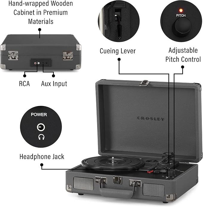 Crosley CR8005F-SG Cruiser Plus Vintage 3-Speed Bluetooth in/Out Suitcase Vinyl Record Player Turntable, Slate