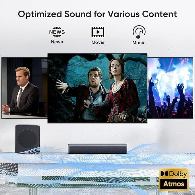 GEOYEAO Sound bar with subwoofer, 200W 2.1 ch soundbar w/Dolby Atmos Surround Sound System, 3D Bass Adjustable Home Theater Bluetooth TV Speaker for Smart TV/Projector/PC