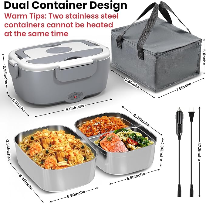 Sitlais Electric Lunch Box for Adults - Fast Heating Portable Food Warmer with 2 of 53oz 304 Stainless Steel Containers 12V/24V/110V Heated Lunch Box for Men&Women Work Office Truck Travel lonchera