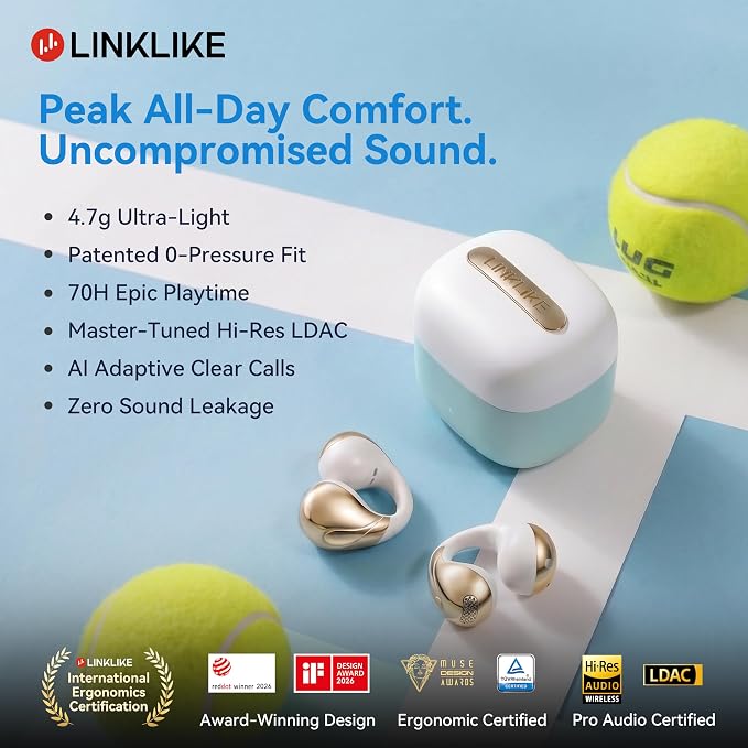 Linklike Next-Gen Most Comfortable Open Ear Clip-on Earbuds [Patented 0-Pressure] [Longest 70H Playtime] [Master-Tuned Hi-Res LDAC] AI Clear Calls, IP55 Lightest 4.7g Fit for All Ears, Ideal Gift-Blue