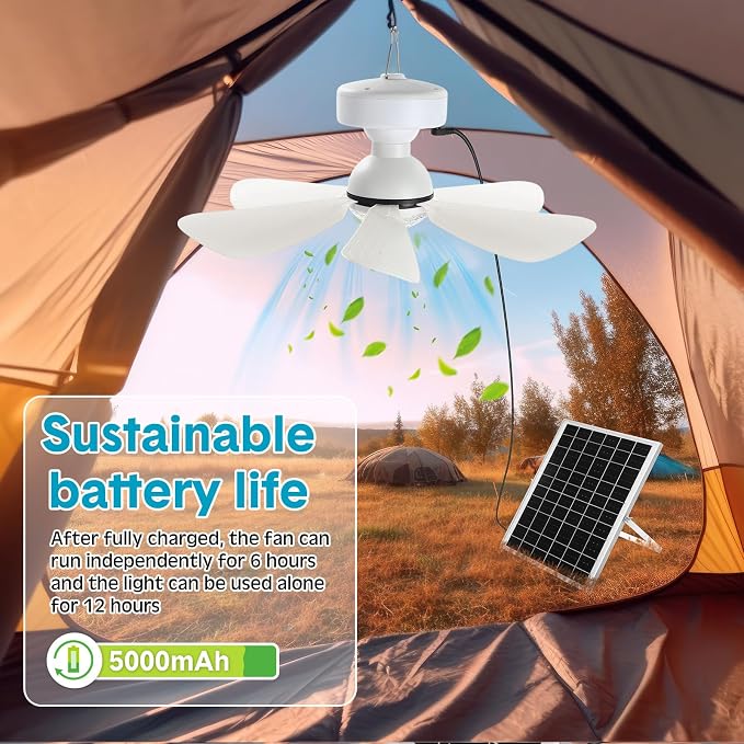 Glooglitter 1 Set Solar Ceiling Fan Light Kit 16.5”, 25W Outdoor Solar Powered Gazebo Fans with 3 Color Light and Remote Control, Portable Fan for Patio Canopy Shed Rv Porch Chicken Coop Camping Tent