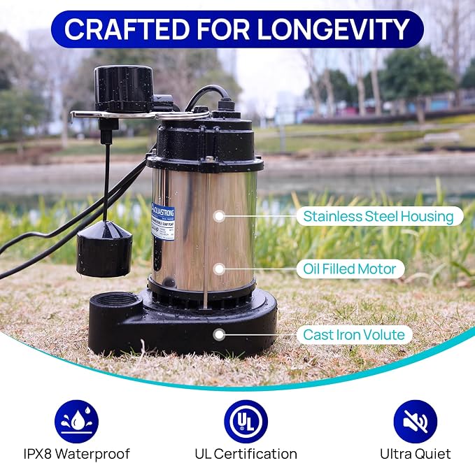 Aquastrong Sewage Grinder Pump, Cast Iron Effluent Pump, Auto Float Switch for Basement Sump Basin and Sewage Well, 2 inch Discharge, Stainless No Grinder with Piggy-back Plug