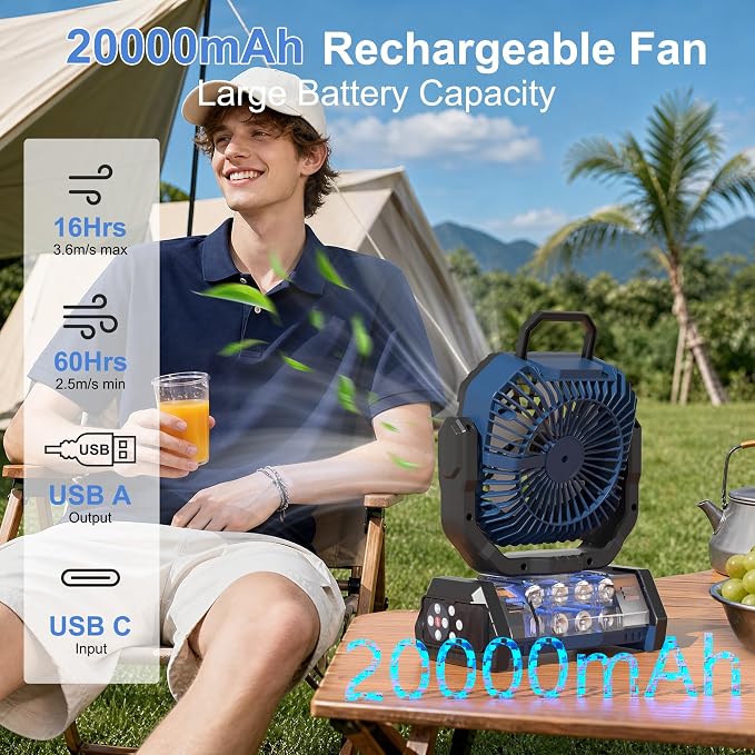 Honesorn 20000mAh Portable Rechargeable Fan, Camping Fan with LED Light & Remote, USB C Cordless Battery Powered, 4 Speeds Timer Hanging Hook for Travel Tent Outdoor Essentials, Navy Blue
