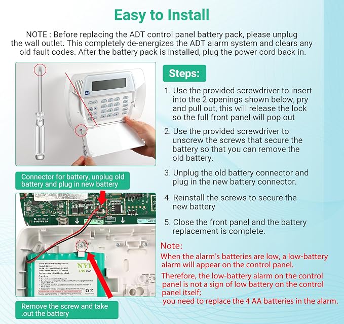 NYI Upgraded Replacement Battery with Tool for ADT SCW9057 SCW9055 and DSC Alarm System, 6PH-H-4/3A3600-S-D22 3700mAh 7.2V Rechargeable Ni-MH IMPASSA 9057 Control Panel (2 Pin Connector)