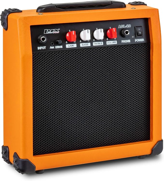 LyxPro Electric Guitar Amp 20 Watt Amplifier Built in Speaker Headphone Jack and Aux Input Includes Gain Bass Treble Volume and Grind - Sunburst