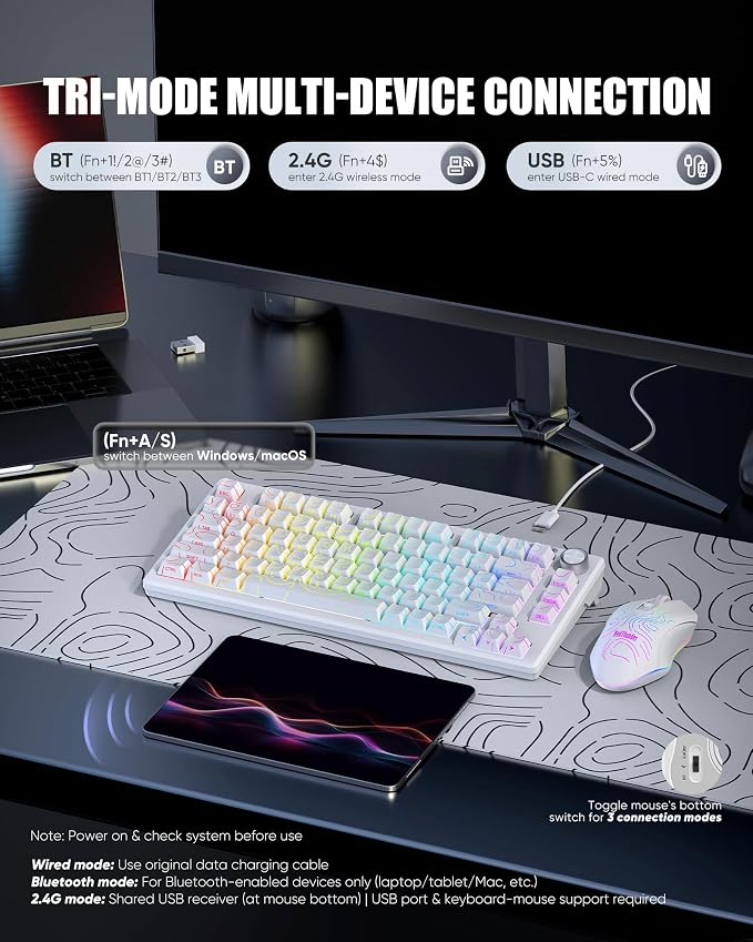 RedThunder K75 Wireless Keyboard and Mouse Combo,75% Membrane Side-Engraved Keyboard,Optical Gaming Mouse with 4800DPI,3 Modes(BT/2.4G/Wired),Dual System,RGB Backlit,Rechargeable Battery,Contour White