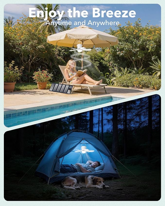 21” Solar Ceiling Fan Light, Battery Operated Camping Fan with Remote Contorl & 30W Portable Foldable Solar Panel, Rechargeable Gazebo Fan Light Outside for Tent Canopy Pergola Travel