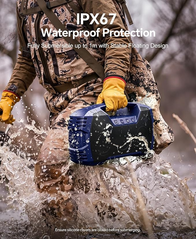 IPX7 Waterproof Outdoor Bluetooth Speaker, Wireless, 90W(Peak), 32H Playtime, Floating Design, Deep Bass & Loud Stereo Sound, Portable with Handle, Rugged for Pool, Beach, Kayaking, Hiking, Navy Blue