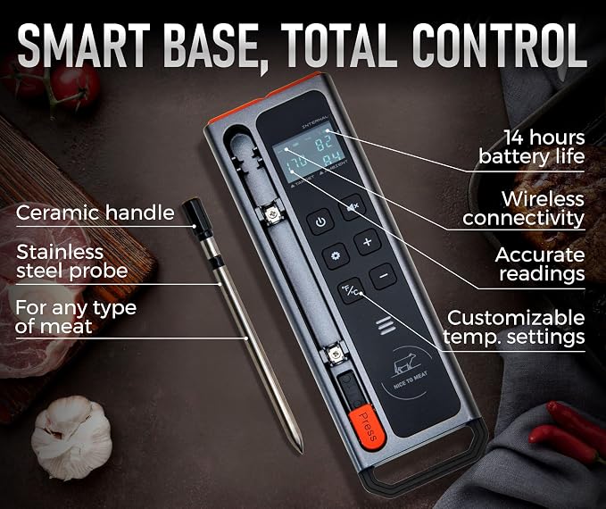 WiFi and Bluetooth Meat Thermometer Digital Wireless - Long Range Connection with Built-in Temperature Display, Meats Probe,Meat Thermometer for Grilling, Smoking, Cooking, BBQ Gift for Men