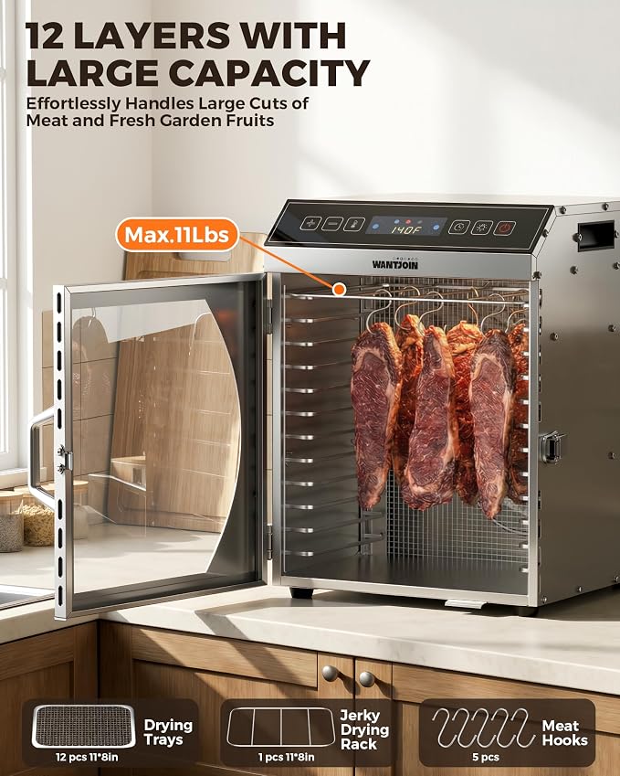WantJoin Food Dehydrator Machine - 12-Tray Commercial Food Dehydrator w/ 12 Trays, 5 Hooks, Hanging Rack, 86-194℉ Temp, Timer, LED Display, 800W Food Dehydrater For Homemade Jerky Fruit Vegetable
