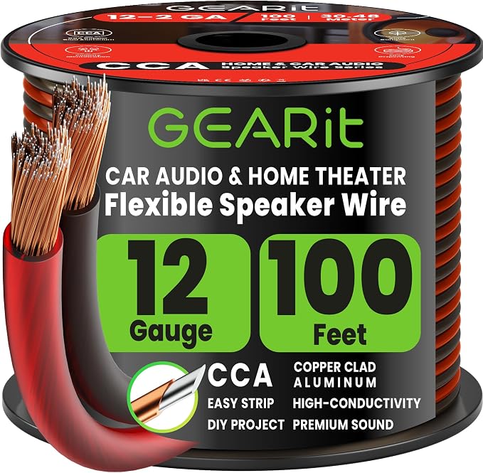 GEARit Speaker Wire 12 Gauge 100 ft,Speaker Cable with Foot Markers & Polarity Markings,12 Gauge Wire for Car Audio & Home Theater Speakers,Audio Cable for DIY Installations,CCA(Black Red)