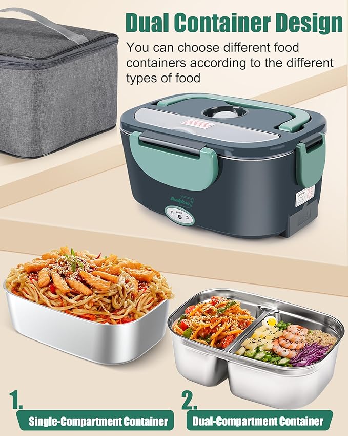 Buddew Electric Lunch Box 80W Food Heater with Dual Container, Portable Lunch Warmer for Adults, Upgraded Heated Lunch Box for Car/Truck/Office (GREEN-Dual Container)