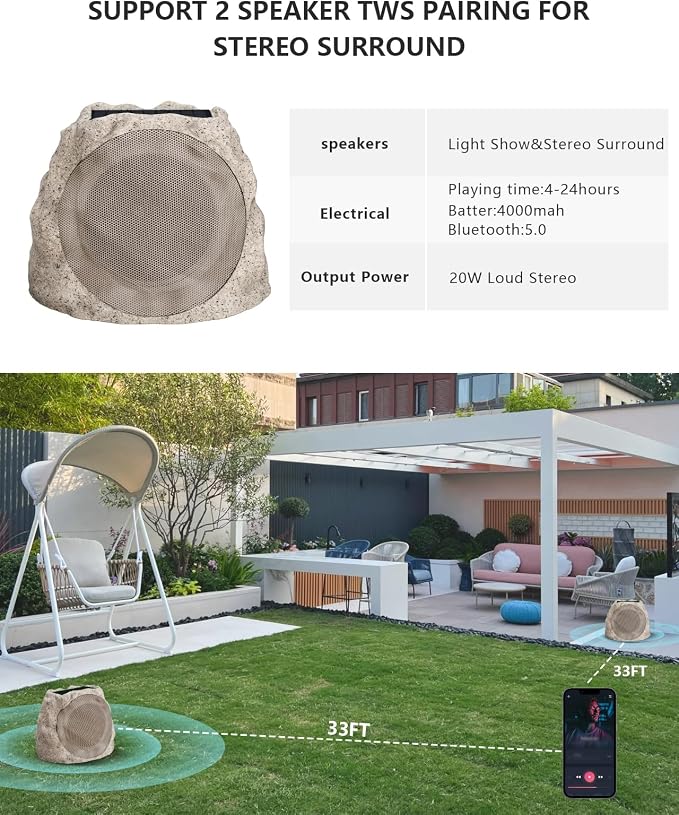 Outdoor Speakers Bluetooth Waterproof Patio TWS Connection Outdoor Bluetooth Speakers Wireless Solar Powered and Rechargeable Rock Speaker for Patio Pool,Backyard (Yellow, 2 Pack)