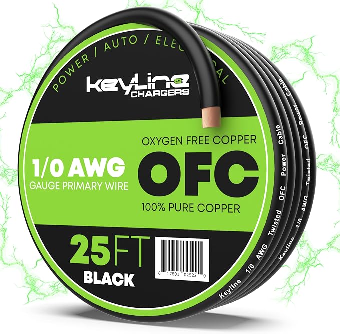 1/0 Gauge Wire (25ft) AWG Amp Battery Cable for Automotive Electrical Wiring - Oxygen Free Copper (OFC) Welding Cable 0GA - Car Amplifier Power & Ground Cable, Stereo Audio Speakers, RV Trailer Wiring