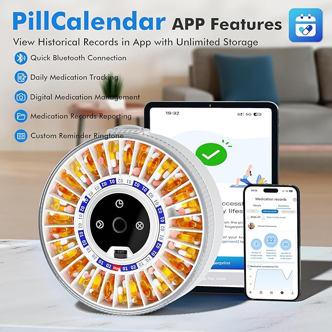 Windtrace® Bluetooth Automatic Pill Dispenser for Elderly with Alarm, Smart Pill Dispenser with 31-Slot, Fingerprint& Mechanical Dual Lock Medication Dispenser, Timed Dispenser Machine for Elderly