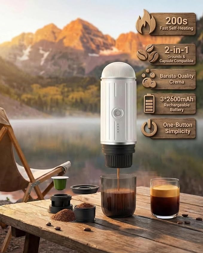 Portable Espresso Machine, 2-in-1 Hot/Cold Brew & Fast Self-heating with USB-C,Travel Coffee Maker with 7800mAh for Camping RV Hiking Compatible with NS Capsules & Ground Coffee White