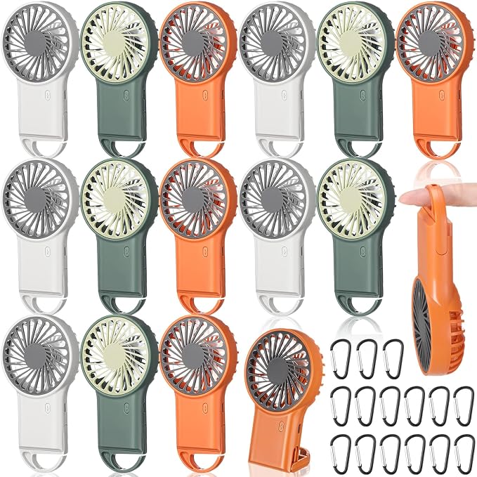 VIHOSE 15 Pcs Portable Hanging Fan, 3 Speeds Personal Rechargeable Desk Small Hand Fan with D Metal Hook for Cooling Small Personal Hands Outdoor Travel
