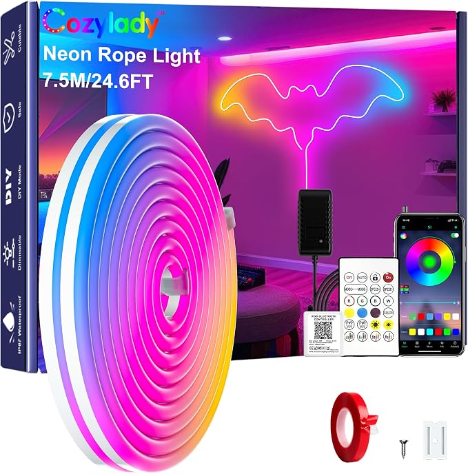 Cozylady RGB Neon Light LED Rope Light,Waterproof Bluetooth APP Remote Control Music Sync Strip Light,24V Flexible DIY Silicone Light for Bedroom Home Indoor Outdoor Decoration