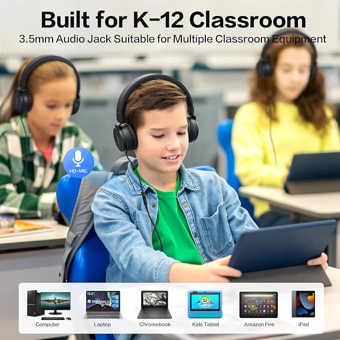 Classroom Headphones Bulk 10 Pack - Kids Headphones for School K-12 Student, 93dB Volume Limited On-Ear Wired Headset with Microphone, Durable 3.5mm Jack for Class Set Library Computer (Black)