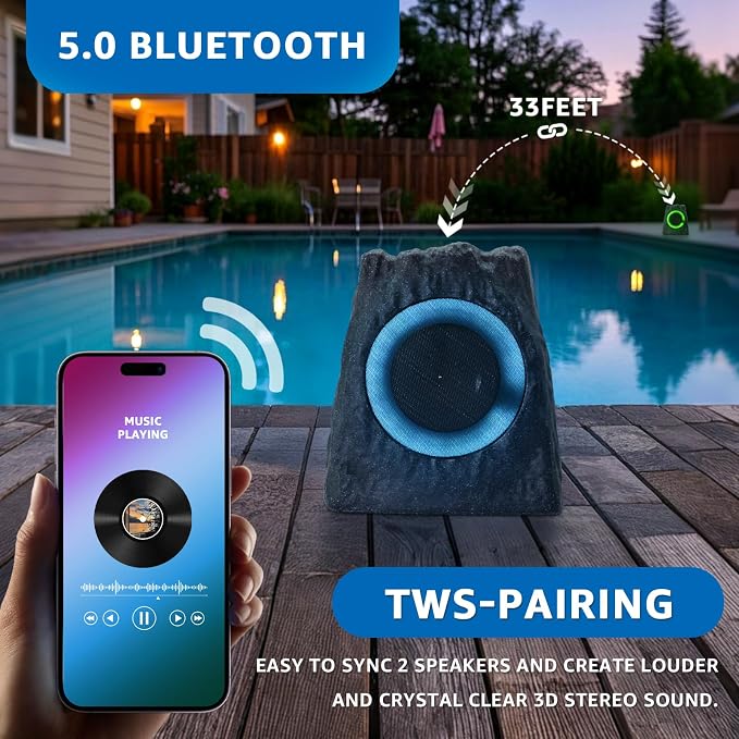 2-Pack Solar Powered Rock Speakers Outdoor Water-Resistant with 3 Mode Lights and Pair Function USB Rechargeable for Patio Garden Party Pool Outside