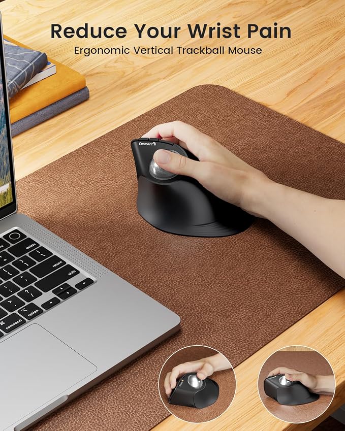 ProtoArc Wireless Trackball Mouse, EM05 NL Vertical Bluetooth Ergonomic Rollerball Thumb Mouse Rechargeable Laptop Mice, 3 Device Connection, Compatible with iPad, Mac, Windows-Silver