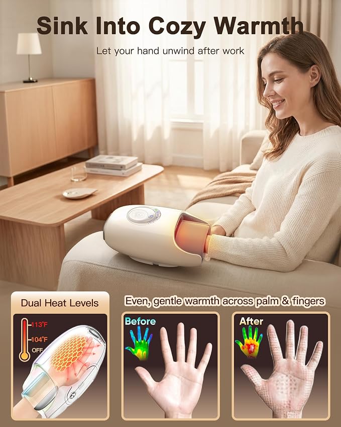 JZBRAIN Hand Massager with Heat and Compression : Full Hand & Wrist Massage, Cordless Electric Hand Massager with 6 Modes & 6 Intensities for Office, Seniors Daily Comfort & Relaxation (White)