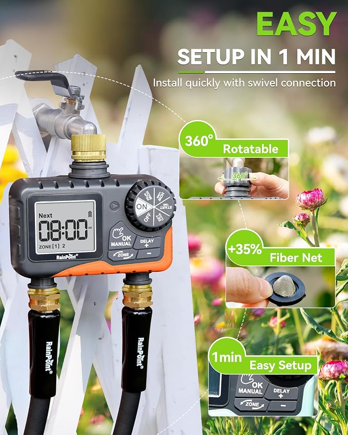 RAINPOINT 2 Zone Sprinkler Timer with Brass Inlet and Outlet - Water Timer for Garden Hose with Rain Delay/Manual Watering/Automatic Irrigation Controller for Yard(Orange)