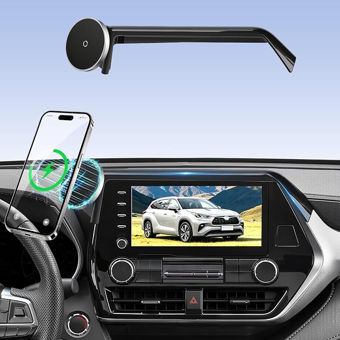 Phone Mount for Toyota Highlander 2020-2025 (L/LE/XLE/XSE/Limited, 8" Screen Only), MagSafe Car Mount Charger, Magnetic Phone Holder, 15W Wireless Charging, 360° & Hands-Free, Highlander Accessories