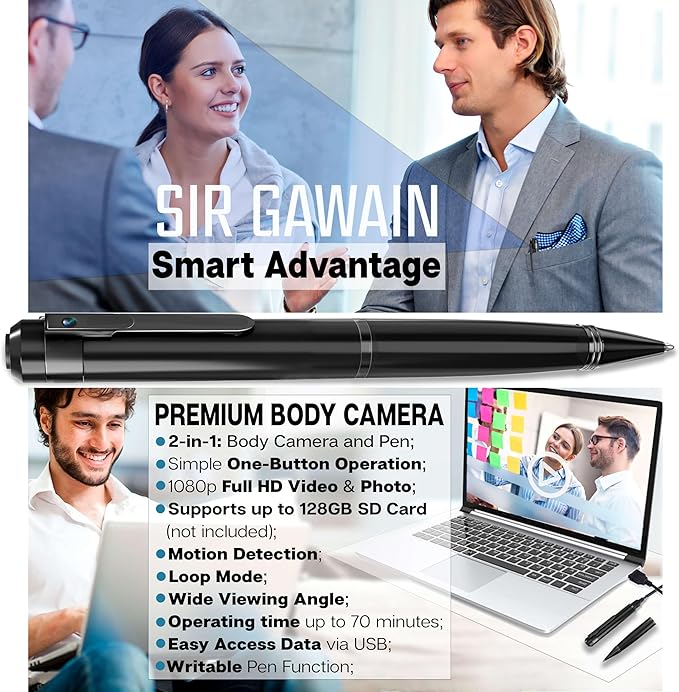 SIRGAWAIN Premium Body Camera Pen — Full HD 1080p Video & Photos, 70-Min Battery, Motion Detection, One-Button Control, 2026 Model