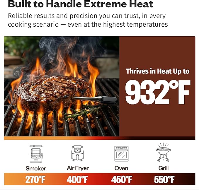 East Oak Wireless Meat Thermometer | 5-Sensor Precision for Chef-Level Results | Extreme Heat Resistance | Smart App Remote Monitoring | Perfect for Grills, Smokers, Ovens & Air Fryers, Black