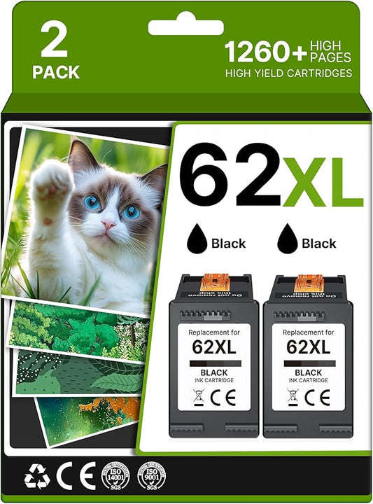 62XL Ink Cartridges Black Replacement for HP Ink 62XL HP 62XL Cartridge Work with HP OfficeJet Mobile 200 250 OfficeJet 8040 5040 Envy 5540 5660 7640 5643 7643 Printer(2 Black)
