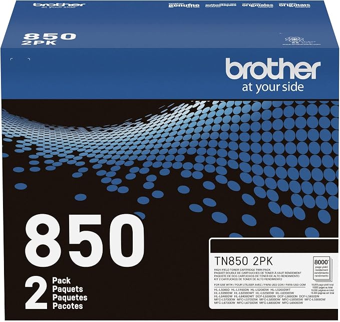 Brother Genuine High-Yield Black Toner Cartridge Twin Pack TN850 2PK, Model: TN8502PK