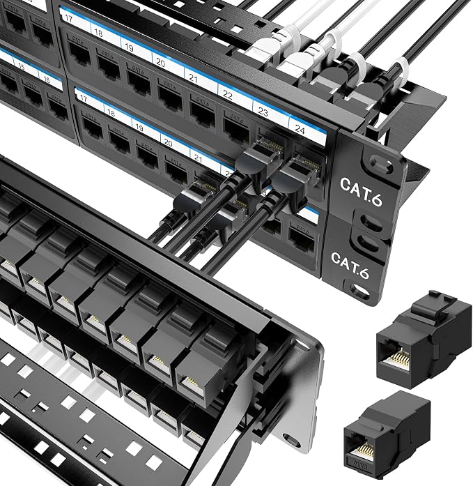 Jadaol [UL Listed] 48 Port Patch Panel Rackmount or Wall Mount 19-Inch, 2U Cat 6 Network Panel Preloaded with 48 Keystone Couplers Plus 2 Spare, 10Gbps Ethernet Panel with Cable Management & Back Bar