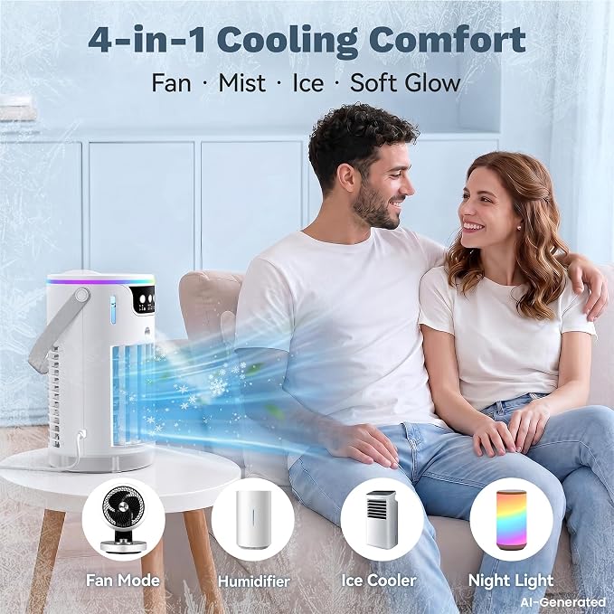 Portable Air Conditioners, AC Fan Mini Evaporative Air Cooler 1200ML with Ice Cooling Mist Personal Air Conditioner Quiet for Bedroom, Home Office Desk (white)