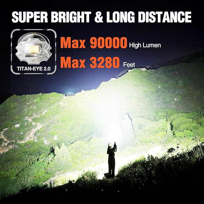 Wdtpro Rechargeable LED Flashlights High Lumens, Super Bright 90,000LM Rechargeable Flashlight with LCD Display, 5 Modes & Waterproof Powerful 10000mAh Handheld Flashlight for Camping Emergency Orange