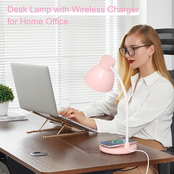 Desk Lamps for Home Office - LED Desk Lamp with Wireless Charger, 3 Color Modes Dimmable Eye-Caring Study Reading Desk Light, Small Flexible Arm Table Lamp for College Dorm Room Bedside, Pink