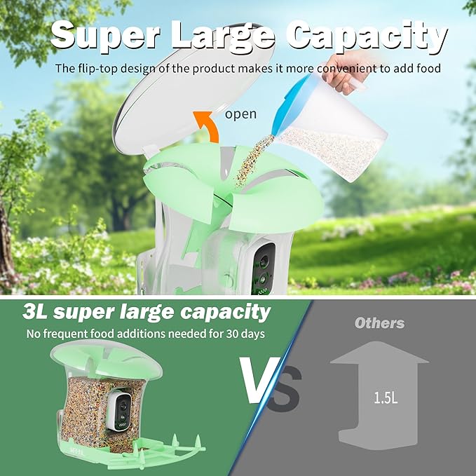 Smart Bird Feeder with Camera, Solar Powered 3 L Capacity, 2K HD AI Identify Bird Species, Weatherproof Auto Video Recording, Real-Time Alerts, Ideal Gift for Tech Lovers and Parents (Green)