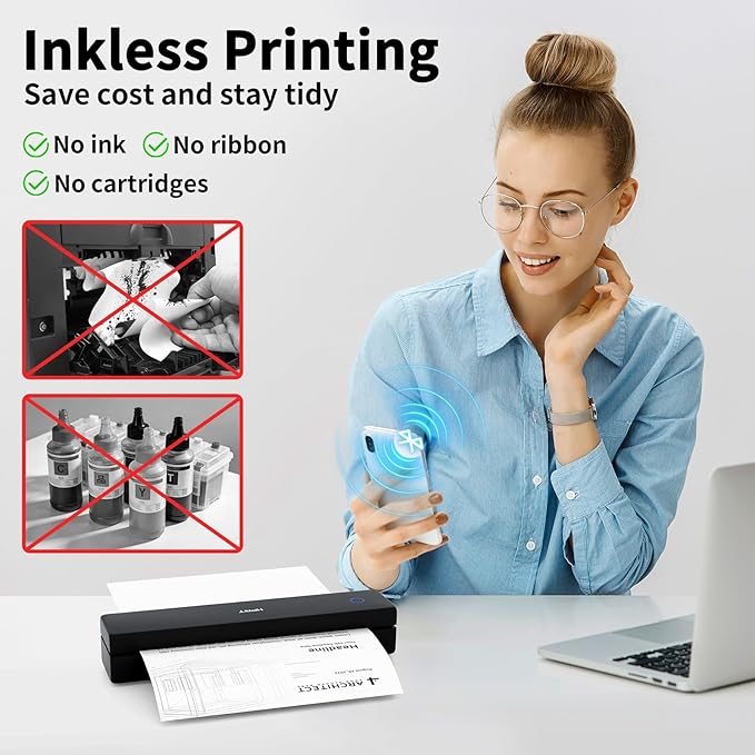 HPRT Inkless Portable Printer Wireless for Travel,Thermal Printer Supports 8.5" x 11" US Letter&A4&A5,Compatible with iOS,Android, Laptop, MT620 Pro,300 DPI,Black