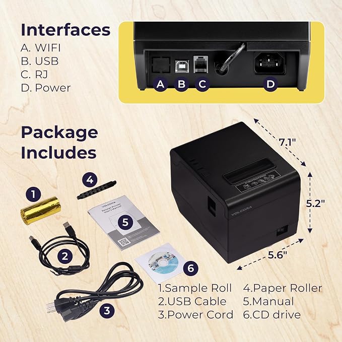 Volcora Thermal Receipt Printer, 80mm POS Printer w/Auto Cutter, USB/WiFi Interface for Windows/MAC/Linux, ESC/POS Command Support Cash Drawer, High Speed Kitchen Printer, Wall Mount (Black)