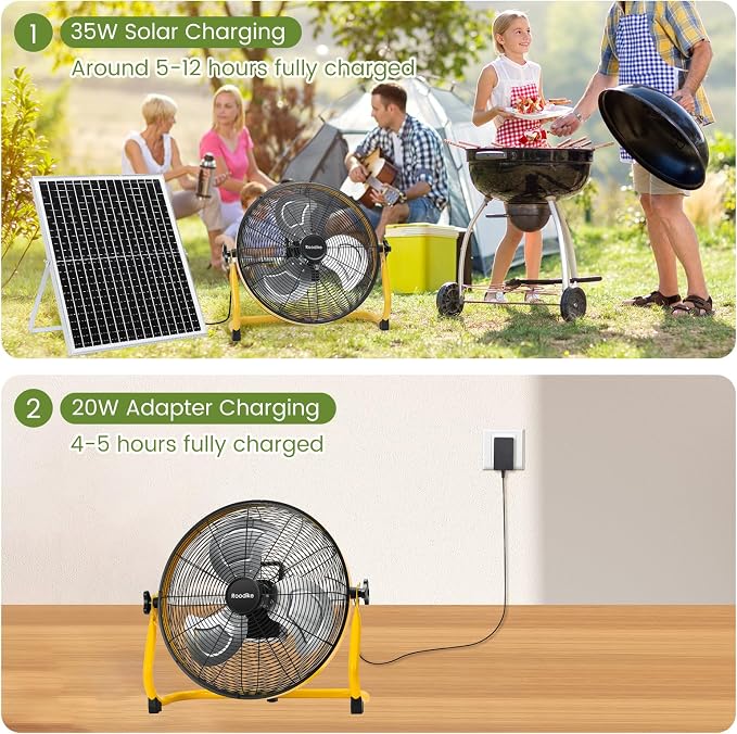 18" Solar Rechargeable Floor Fan, 35W Solar Powered Battery Operated Fans for Outdoor Garden Greenhouse Barn Stable Camping Garage Air Circulation Cooling