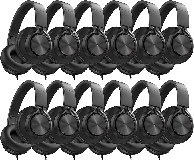 AILIHEN Headphones Wired 12-Pack Bulk for School Students Kids K-12 Classroom，Adjustable, Foldable, Over-Ear Headsets with Microphone HD Stereo Sound 3.5mm Jack for Chromebook, Laptop (Black)
